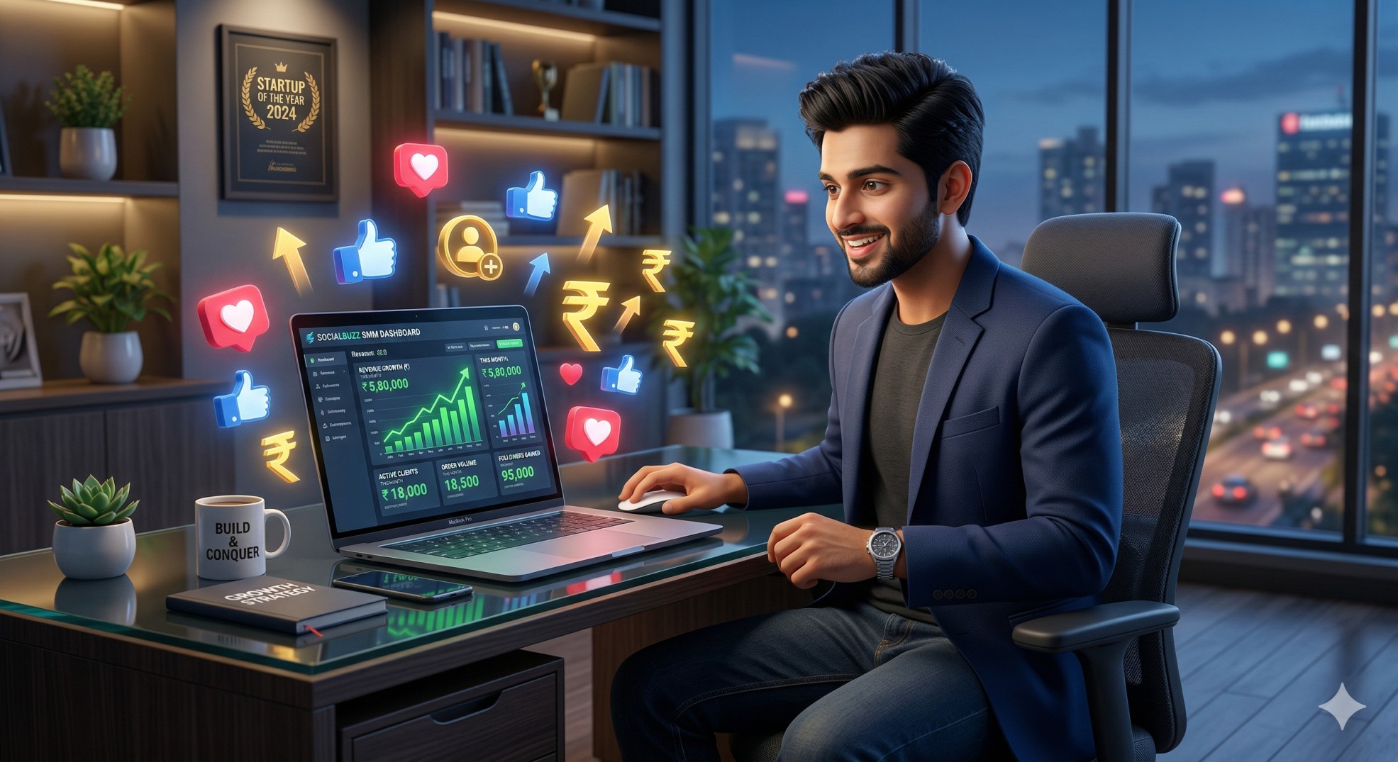 Indian entrepreneur setting up an SMM panel reseller business dashboard on a laptop to sell Instagram services.