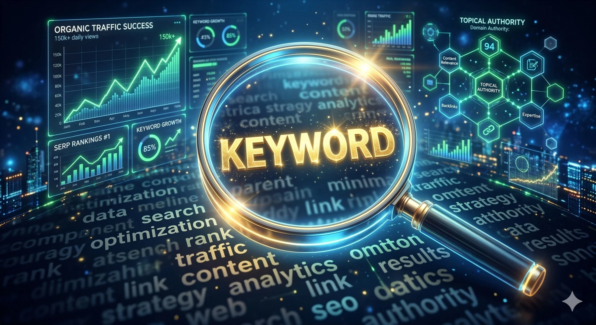 A glowing magnifying glass highlighting SEO keyword research metrics and search intent on a digital analytics dashboard.