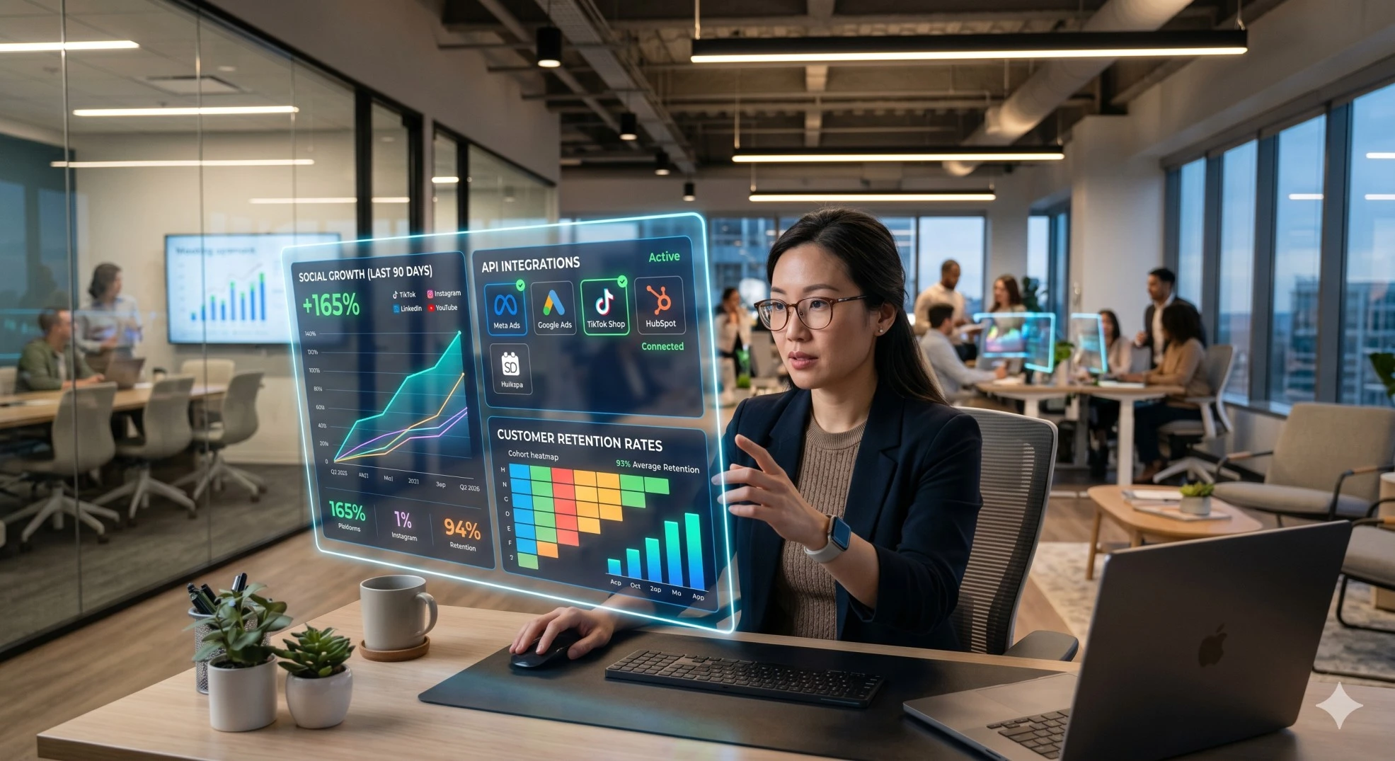 Digital marketing agency dashboard showing automated social proof and high-retention engagement metrics.
