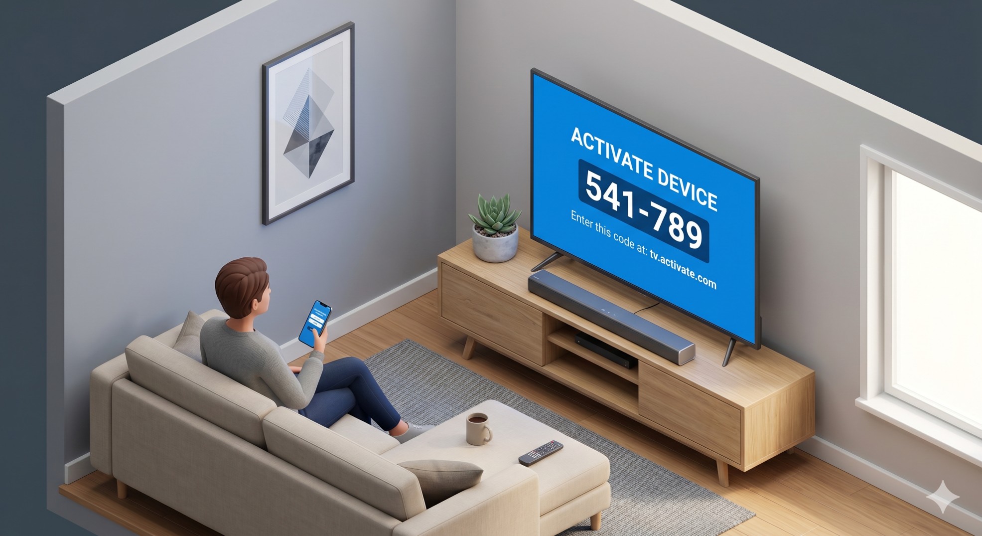 Person entering a 6-digit Amazon Prime TV activation code on a smartphone in front of a Smart TV.