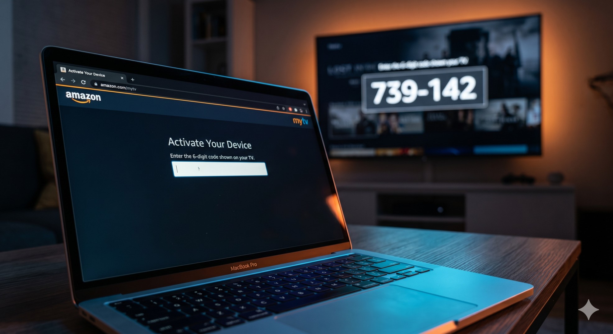 Laptop screen showing the mytv activate portal for Amazon Prime video setup.