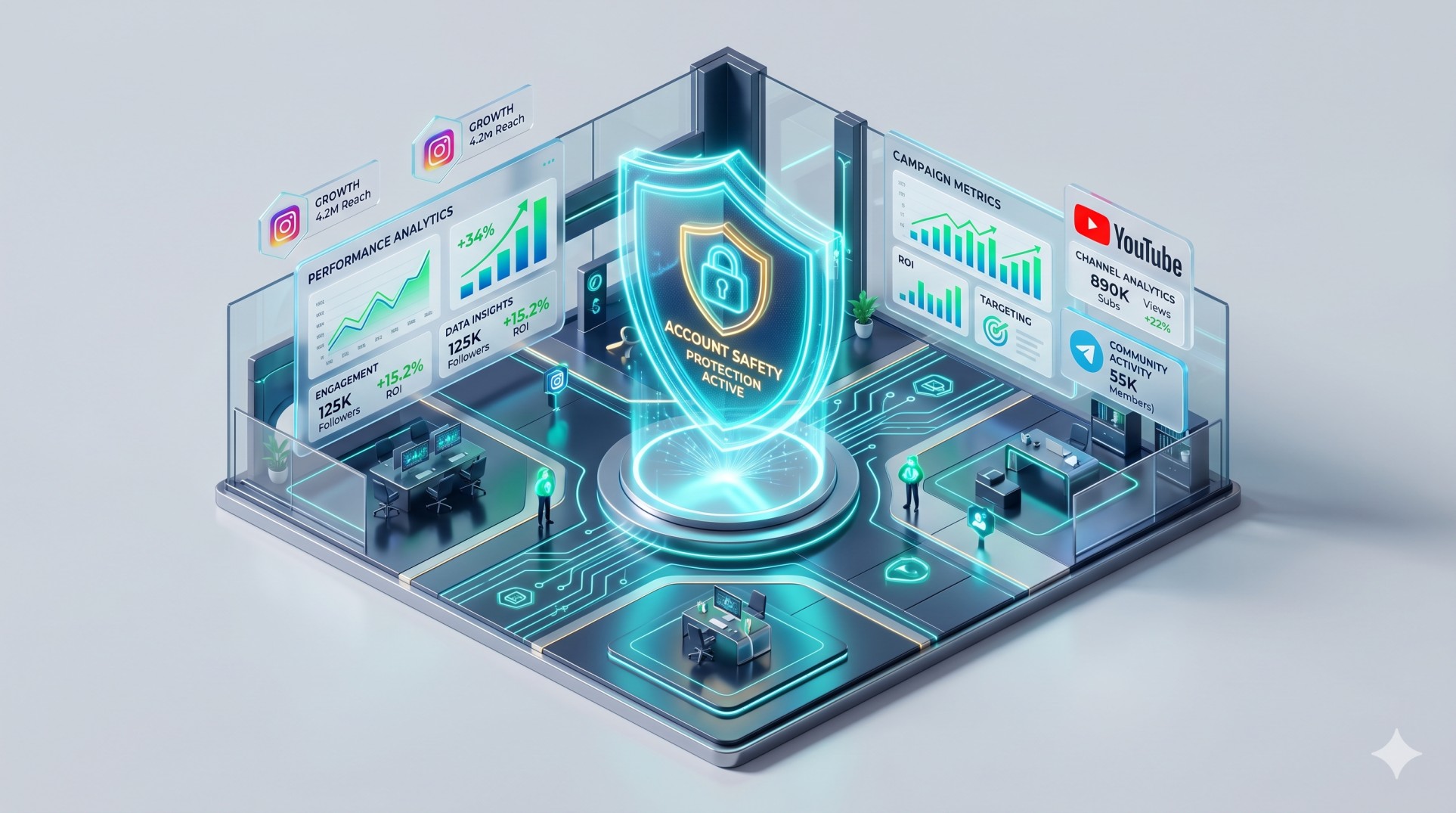 A secure Indian SMM panel dashboard with a glowing protection shield and social media growth charts for RathoreSEO.