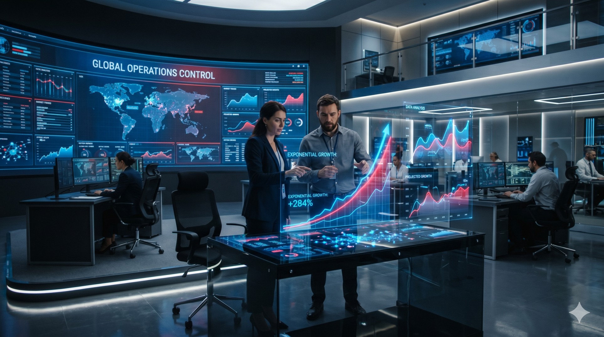 A high-tech digital dashboard showing rising social media engagement metrics and algorithmic growth charts.