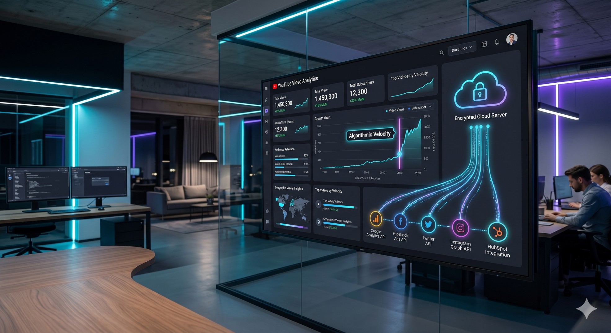 Digital dashboard showing YouTube video ranking velocity and secure SMM panel API analytics.